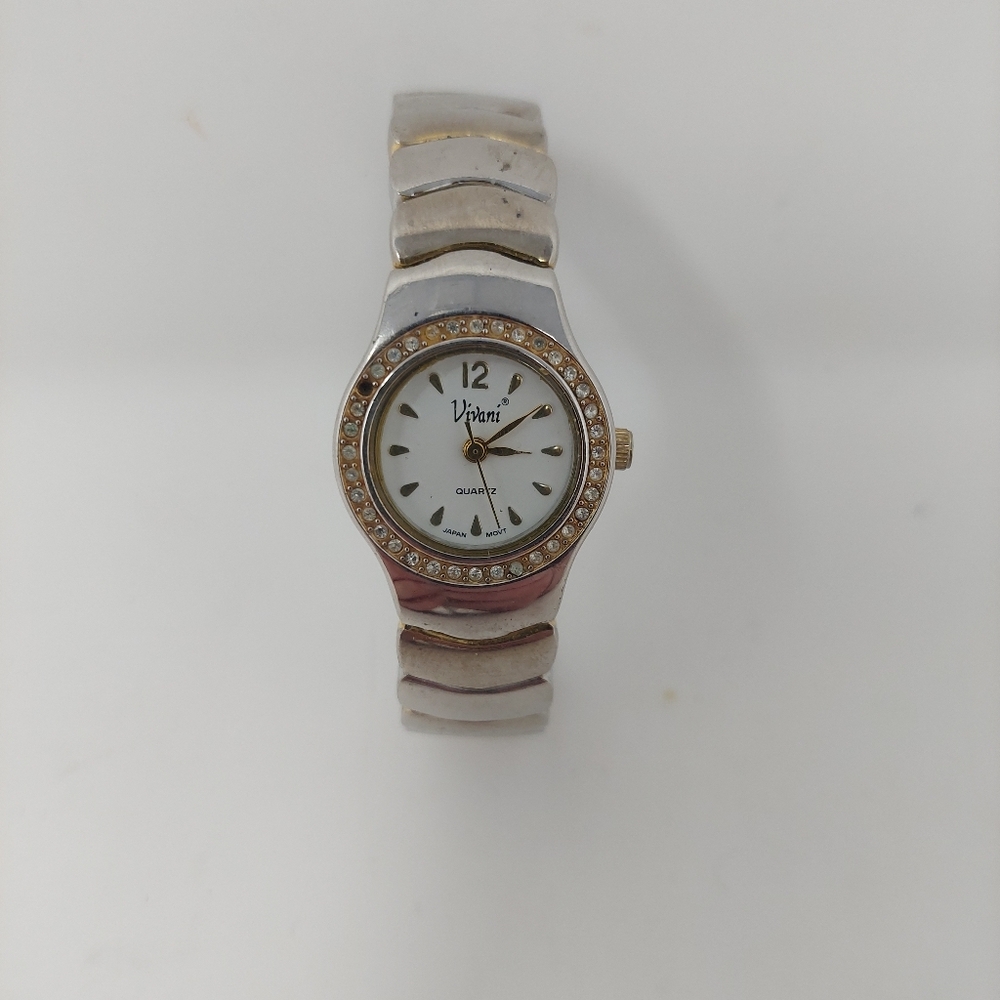Viviani Gold Silver Bracelet Watch Rhinestone Gem Bezel White Round Face